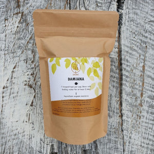 Damiana Tea, loose leaf. Packed in resealable packaging.