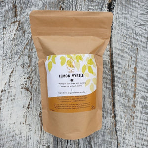 organic loose leaf lemon myrtle tea packaged in resealable pouches