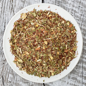 The Energiser Tea organic loose leaf blend – rooibos, ginseng, yerba mate, ginger, cinnamon, lemon myrtle